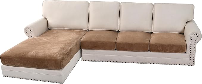 H.VERSAILTEX Velvet Stretch Sectional Couch Cover - 4 Pieces for L Shape Sofa With Separate Seat Cushion Covers - Fits Both Left/Right Sectional (Large 3 Seater + 1 Chaise, Camel)