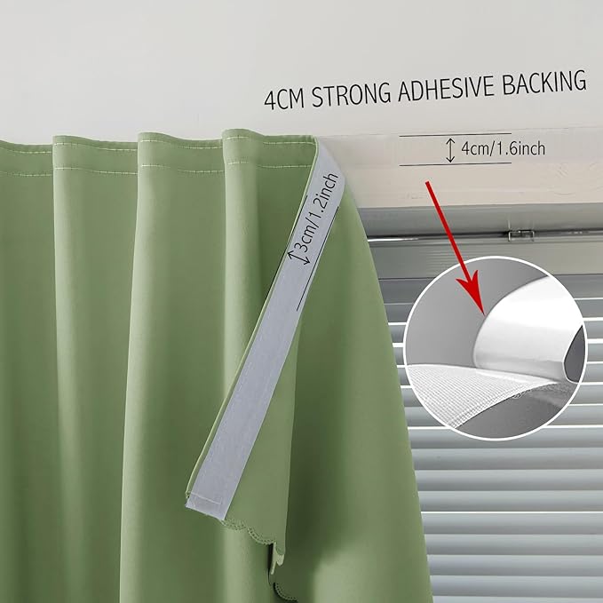 Magic Tape Blackout Curtains for Bedroom No Drillng Self Adhesive Curtains No Rod Small Window, 47" W X 84" L, Sage Green, 1 Panel