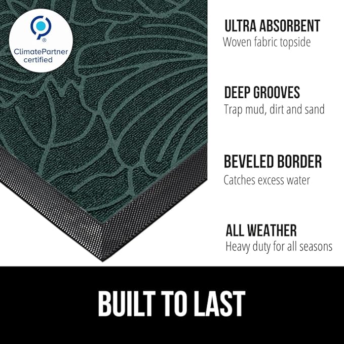 GORILLA GRIP 100% Waterproof All-Season WeatherMAX Doormat, 47x35, US Designed Natural Rubber, Stain and Fade Resistant, Low Profile Indoor Outdoor Door Mats, Easy Clean Patio Mat, Green Palm