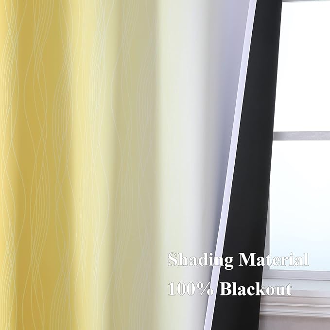 Estelar Textiler Yellow and Greyish White Ombre Blackout Curtains for Bedroom, Gradient Thermal Insulated Blackout Drapes, Full Room Darkening Grommet Curtains for Kids Room, 52Wx63L, 2 Panels