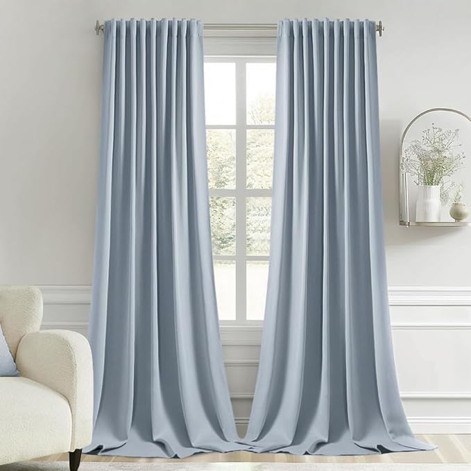 MIULEE Light Blue Back Tab Blackout Curtains 108 Inch Long 2 Panels Set for Bedroom, Rod Pocket/Pinch Pleat Extra Long Thermal Insulated Living Room Darkening Pleated Light Blocking Drapes