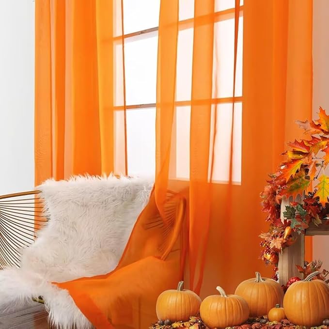 SpaceDresser Basic Rod Pocket Sheer Voile Window Curtain Panels White 1 Pair 2 Panels 70 Width 63 Inch Long for Kitchen Bedroom Children Living Room Yard(Orange,70 W x 63 L)