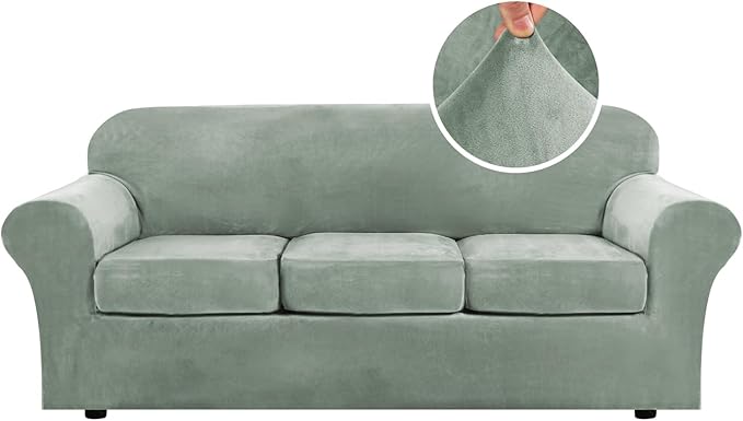 H.VERSAILTEX Modern Velvet Plush 4 Piece High Stretch Sofa Slipcover Sofa Cover Furniture Protector Form Fit Luxury Thick Velvet Sofa Cover for 3 Cushion Couch Width Up to 90 Inch (Sofa, Sea Grass)
