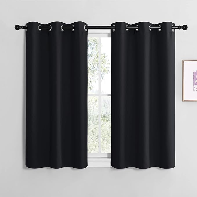 NICETOWN Bathroom Blackout Curtains and Drapes, Black Solid Thermal Insulated Grommet Blackout Drapery Panels for Window (2 Panels, 42 inches Wide by 40 inches Long, Black)