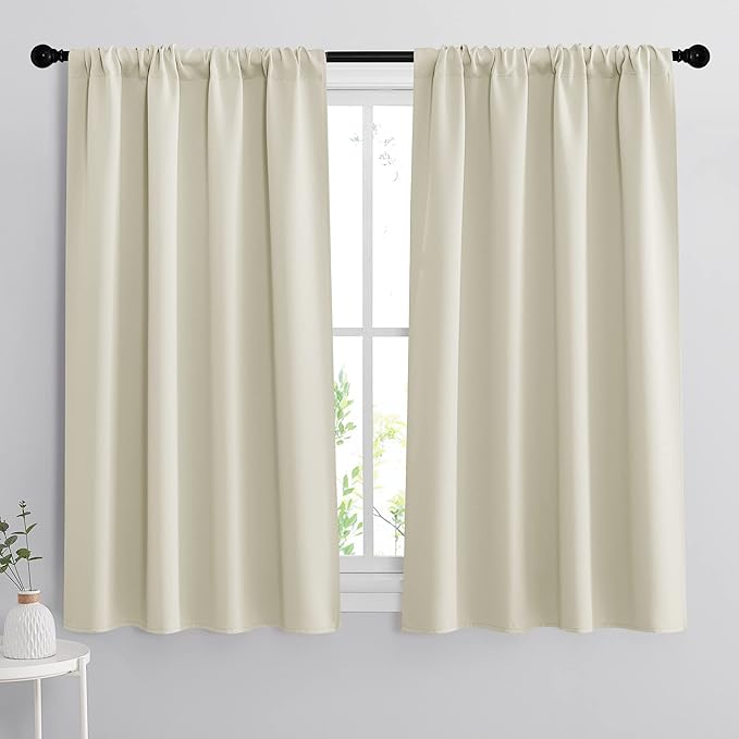 RYB HOME Short Curtains for Bedroom, Room Darkening Insulated Summer Heat Light UV Blocking Energy Saving Drapes for Nursery, Width 42 by Length 48, Beige, Set of 2
