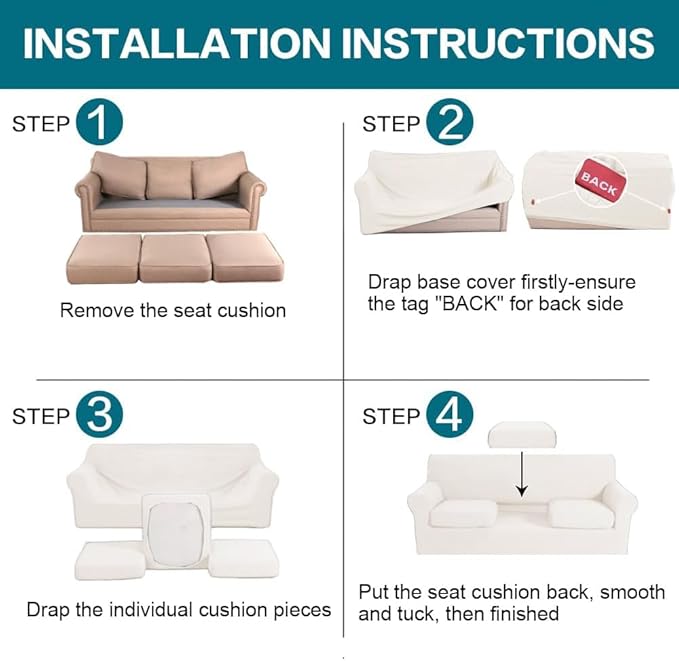 Turquoize 4 Piece Sofa Covers for 3 Cushion Couch Sofa Slipcover Soft Couch Cover for Dogs-Washable Sofa Furniture Covers with 3 Individual Large Cushion Covers (XL Sofa, Porcelain)