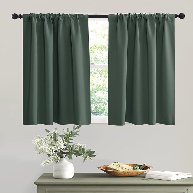 RYB HOME Short Dark Green Blackout Curtains for Small Bedroom Window, Insulating UV Blocking Drapes for Kitchen Cafe Basement Garage, Privacy Tiers for Bathroom Window, Width 42 by Length 36, Set of 2