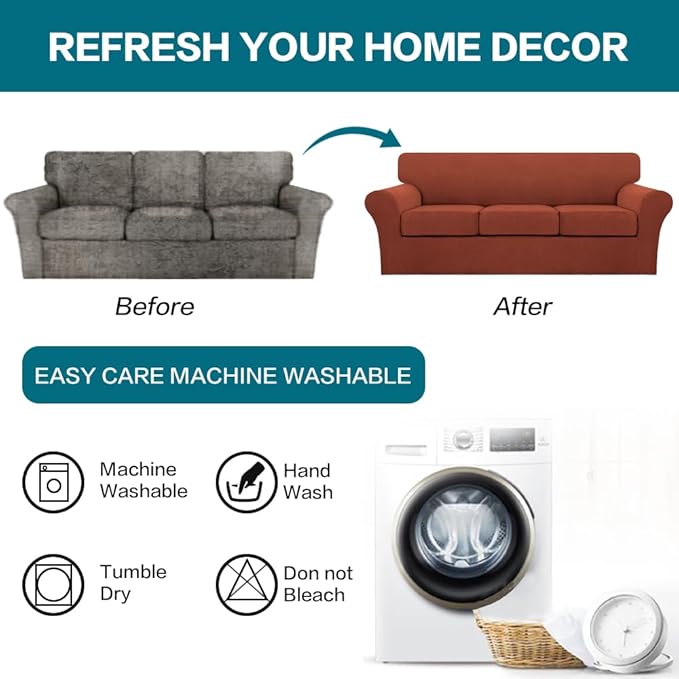 Turquoize 4 Piece Sofa Covers for 3 Cushion Couch Sofa Slipcover Soft Couch Cover for Dogs-Washable Sofa Furniture Covers with 3 Individual Large Cushion Covers (XL Sofa, Rust)
