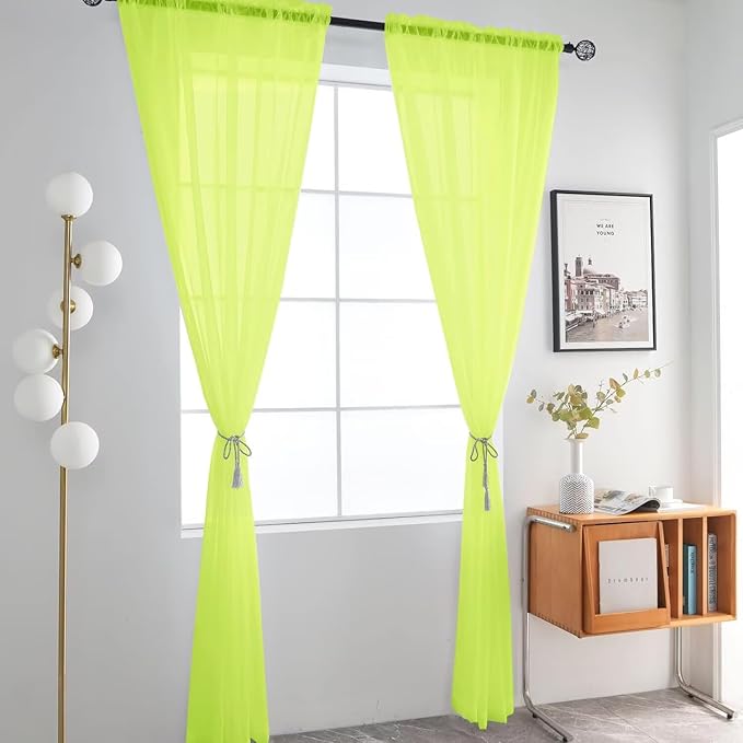 SpaceDresser Basic Rod Pocket Sheer Voile Window Curtain Panels Chartreuse 1 Pair 2 Panels 52 Width 63 Inch Long for Kitchen Bedroom Children Living Room Yard（Chartreuse, 52W x 63L）