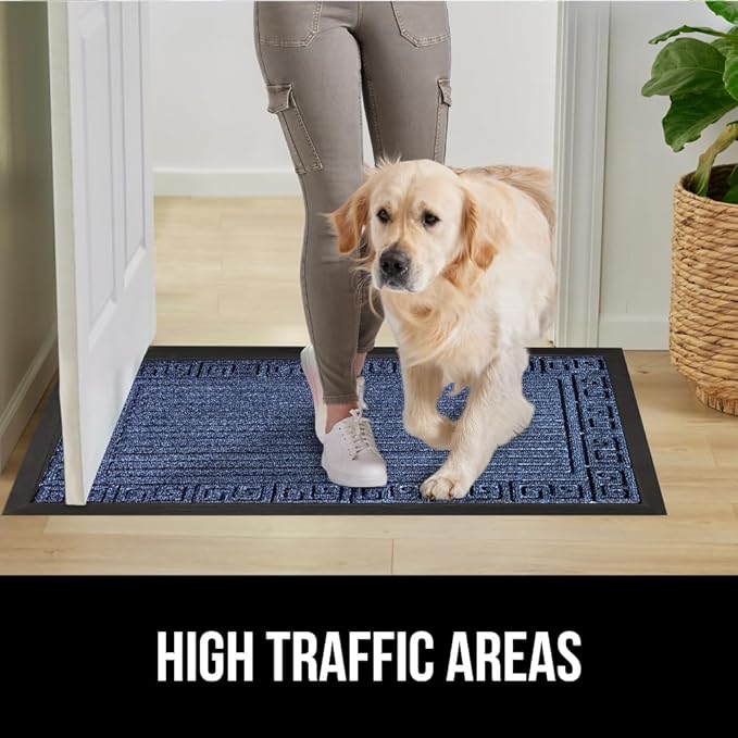 GORILLA GRIP 100% Waterproof All-Season WeatherMAX Doormat, 47x35, US Designed Natural Rubber, Stain and Fade Resistant, Low Profile Indoor Outdoor Door Mats, Easy Clean Patio Mat, Navy Greek Keys
