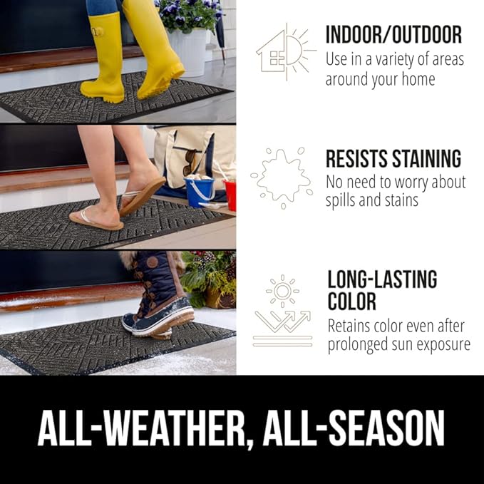 GORILLA GRIP 100% Waterproof All-Season WeatherMAX Doormat 35x23, US Designed Natural Rubber, Stain and Fade Resistant, Low Profile Indoor Outdoor Door Mats, Easy Clean Patio Mat, Gray Diamond