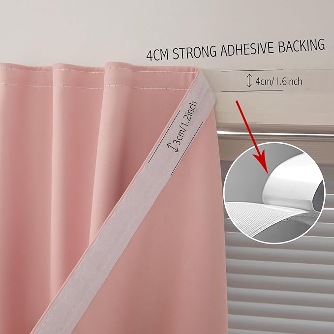 Self Adhesive Curtains, Stick Curtain Blackout Shades Window Cover Curtains for Living Room No Drilling, 47" W X 84" L, Pink, 1 Panel