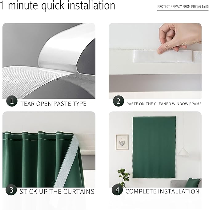 Blackout Curtains for Bedroom Stick On Curtains Window Shades Pull Down Blackout Window Cover No Drillng Self Adhesive Curtains No Rod Small Curtain, 47" W X 59" L, Dark Green, 1 Panel