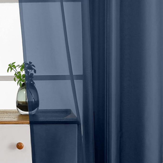 Navy Blue Valances for Windows 14 inch Length 2 Panels, Small Voile Sheer Curtains for Bathroom, Soft Fabric Lightweight Light Filtering Kitchen Curtains, Dual Rod Pocket, 2x42Wx14L Inches