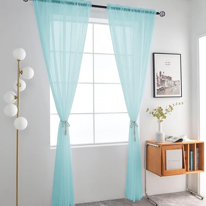 SpaceDresser Basic Rod Pocket Sheer Voile Window Curtain Panels Sky Blue 1 Pair 2 Panels 52 Width 45 Inch Long for Kitchen Bedroom Children Living Room Yard（Sky Blue, 52W x 45L）