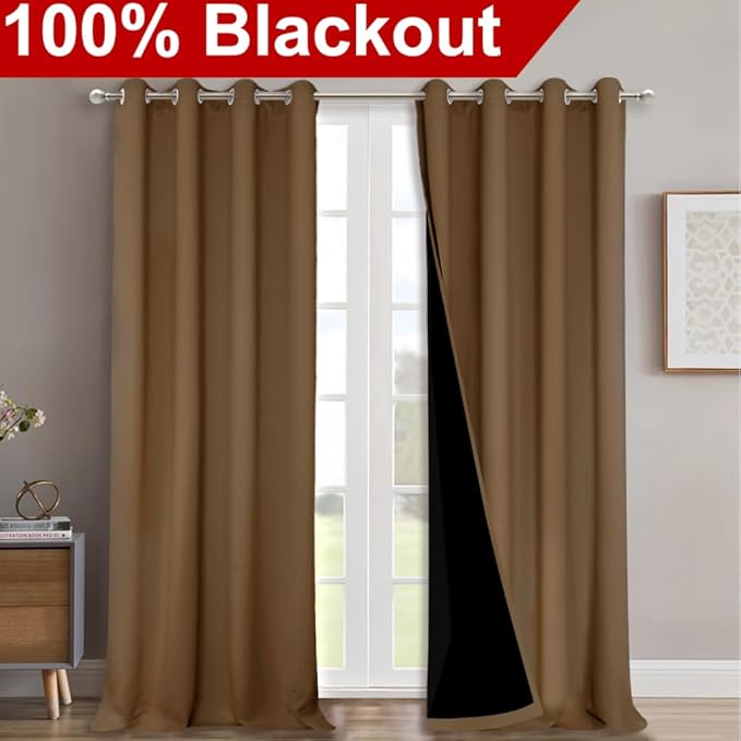 NICETOWN Full Shading Curtains for Windows, Gold Brown, Pack of 2, 52 inches W x 95 inches L, Super Heavy-Duty Black Lined Blackout Curtains for Bedroom, Privacy Assured Window Treatment