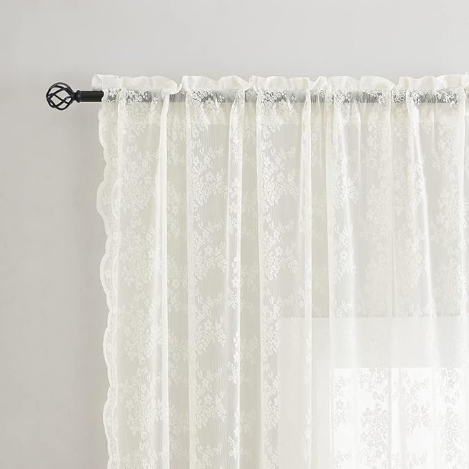 YJ YANJUN Vintage Lace Curtains Elegant Flower Off White 132 inch Curtains 1 Pair Extra Long Cream Colored High Ceiling Drapes for Large Windows Patio Sliding Door 11 Foot 52" W x 132" L Ivory