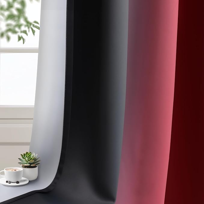 Yakamok Blackout Ombre Burgundy and Black Curtains for Bedroom, Gradient Room Darkening Curtains, Grommet Thermal Insulated Light Blocking Window Drapes/Curtain for Living Room,52 x 36 Inch,2 Panels
