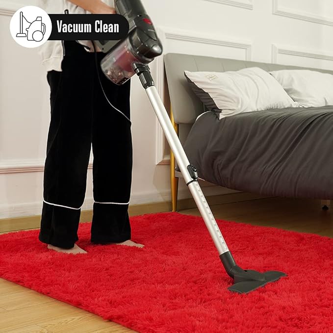 Amearea Shag Fluffy Area Rug for Bedroom Girls Living Room, Extra Soft and Fuzzy Shaggy Rugs, Non Slip, Solid Color Carpet Mat for Boys Nursery Home, Red 5x8 Feet