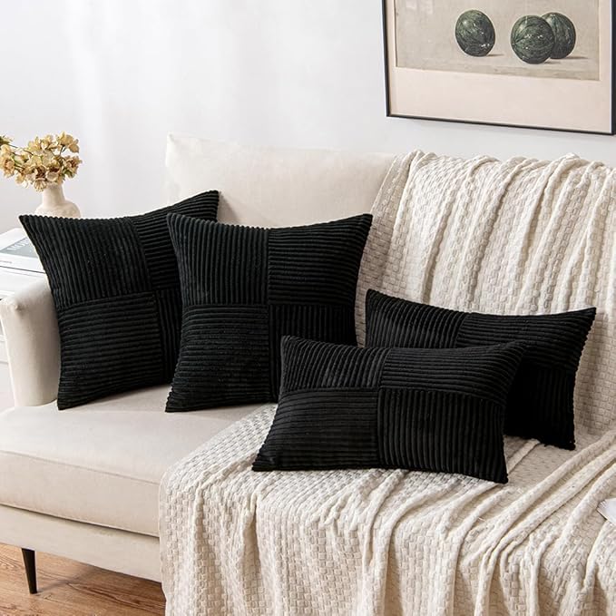 MIULEE Black Decorative Euro Sham Pillow Covers 24x24 Inch for Bed Couch Sofa Pack of 2 Boho Farmhouse Throw Pillows Soft Cross Corduroy Patchwork Textured Cushion Cases