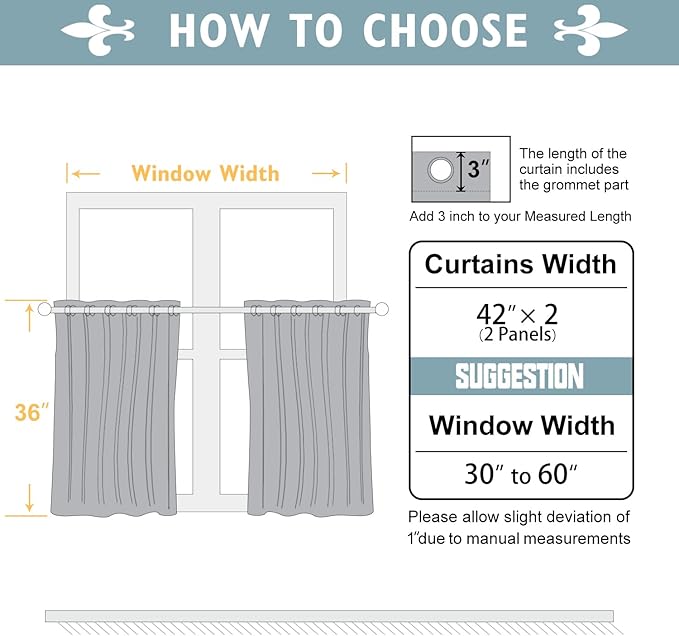 ChrisDowa Small Window Curtains for Kitchen and Bedroom - Grommet Short Thermal Insulated Room Darkening Curtains (2 Panels, Greyish White, 42 x 36 Inch)