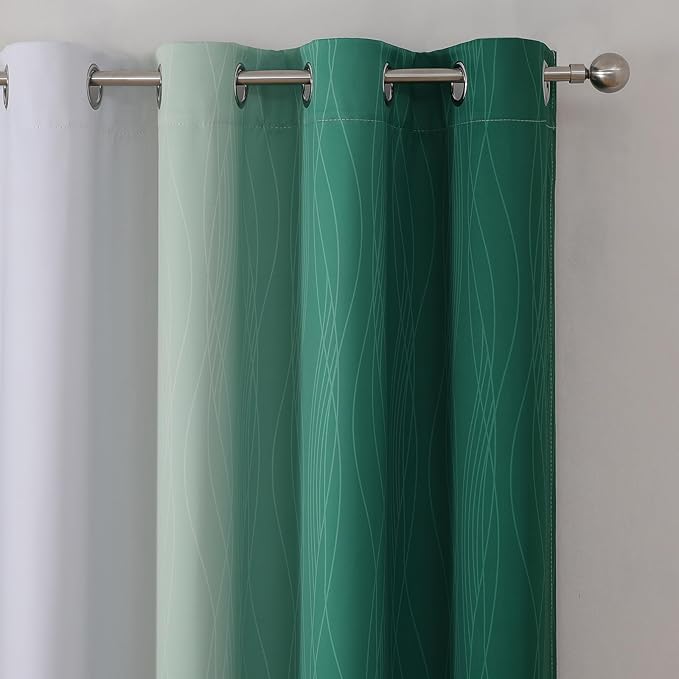 Estelar Textiler Green and Greyish White Gradient Blackout Curtains 102 Inches Long for Bedroom, Thermal Insulated Full Room Darkening Ombre Gray Grommet Drapes for Living Room, 52Wx102L, 2 Panels