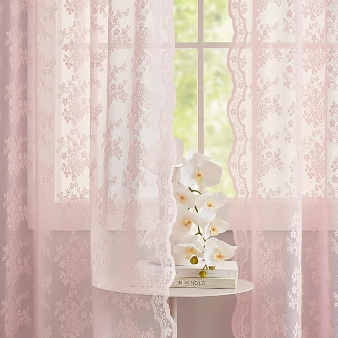 YJ YANJUN Vintage Lace Curtains Cute Pink Floral Cafe Curtains 45 inch Length 2 Panels Short Sheer Drapes for Kitchen Bathroom Laundry Room Girl Nursery Room Décor Rod Pocket 52" W x 45" L Baby Pink