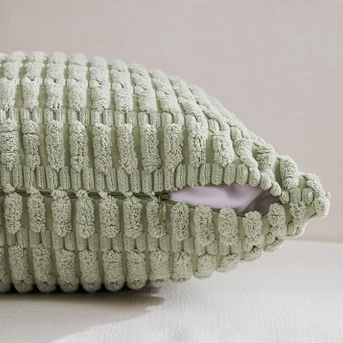 Fancy Homi 4 Packs Sage Green Decorative Throw Pillow Covers 24x24 Inch for Living Room Couch Bed Sofa, Rustic Farmhouse Boho Home Decor Soft Plush Striped Corduroy Square Cushion Case 60x60 cm