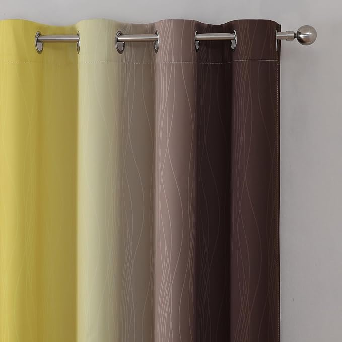 Estelar Textiler Yellow and Brown Blackout Curtains, Full Light Blocking Gradient Grommet Drapes for Living Room, Thermal Insulated Ombre Curtains for Bathroom, 52Wx54L, 2 Panels