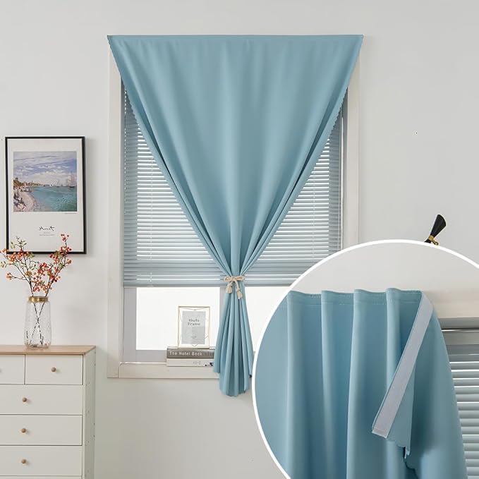 Self Adhesive Curtains, Black Out Shade for Window, Blackout Fabric Temporary Window Coverings Easy to Hang Curtains No Rod Needed, Use for Bedroom, Room, Kitchen, 35"W X 71"L, Lake Blue, 1 Panel