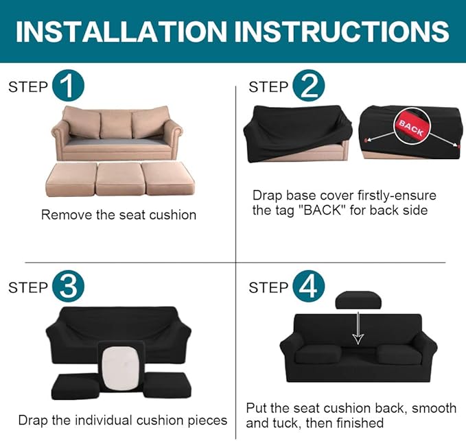 Turquoize 4 Piece Sofa Covers for 3 Cushion Couch Sofa Slipcover Soft Couch Cover for Dogs-Washable Sofa Furniture Covers with 3 Individual Cushion Covers,(3 Cushion Sofa, Black)