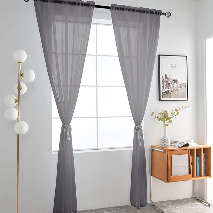 SpaceDresser Grey Sheer Curtains 4 Panels Rod Pocket Semi-Sheer Curtain 72 Inches Long Light Filtering Voile Window Drapes for Bedroom Living Room Kitchen, Each 52W x 72L