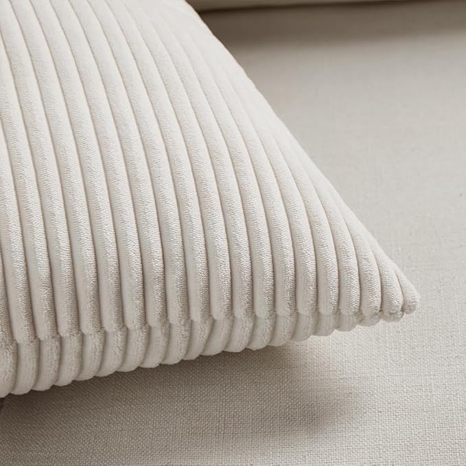 Fancy Homi 2 Packs Cream Lumbar Decorative Throw Pillow Covers 20x28 Inch for Living Room Couch Bed Sofa, Rustic Farmhouse Boho Home Decor, Soft Striped Corduroy Rectangle Accent Cushion Case 50x70 cm
