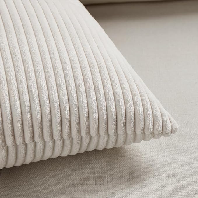 Fancy Homi 2 Packs Cream Long Lumbar Decorative Throw Pillow Covers 16x24 Inch for Couch Bed Sofa, Rustic Farmhouse Boho Home Decor, Soft Striped Corduroy Rectangle Accent Cushion Case 40x60 cm