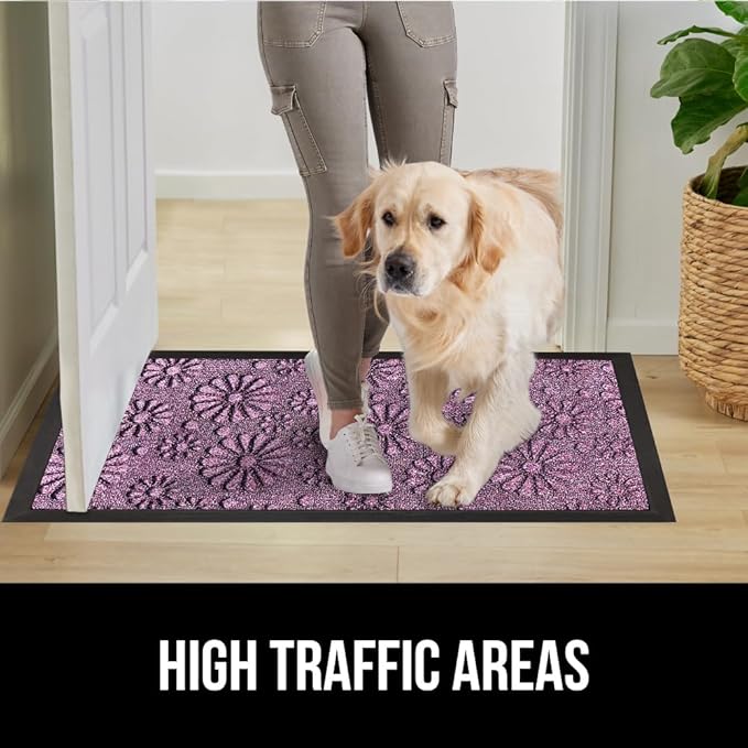 GORILLA GRIP 100% Waterproof All-Season WeatherMAX Doormat, Durable Natural Rubber, Stain and Fade Resistant, Low Profile, Indoor Outdoor Door Mats, Easy Clean Entry Mat, 29x17, Purple Confetti Daisy