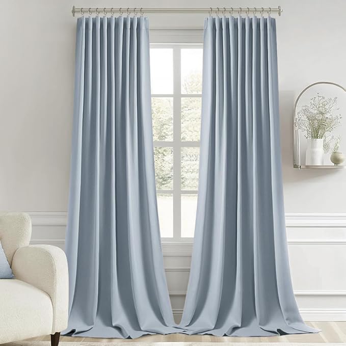 MIULEE Light Blue Back Tab Blackout Curtain 96 Inch Long 2 Panels Set for Bedroom, Rod Pocket/Pinch Pleat Thermal Insulated Living Room Darkening Pleated Light Blocking Floor to Ceiling Drape