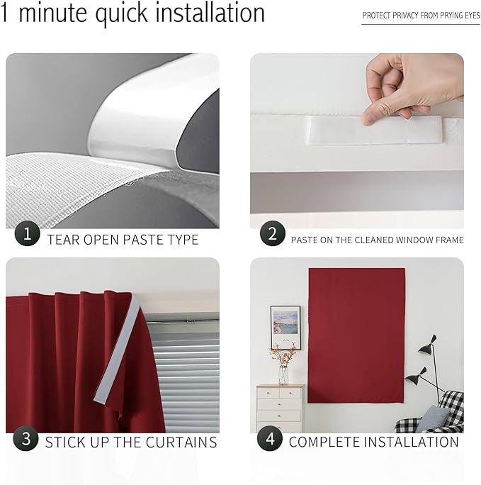 Self Adhesive Curtains, Stick Curtain Blackout Shades Window Cover Curtains for Living Room No Drilling, 35" W X 59" L, Burgundy, 1 Panel