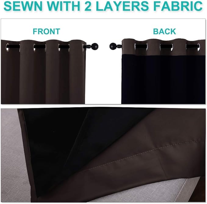 NICETOWN 100% Blackout Window Curtain Panels, Brown, 2 Pieces, 62-inch Wide Per Panel, Full Light Blocking Drapes with Black Liner for Nursery, 72-inch Drop Thermal Insulated Draperies