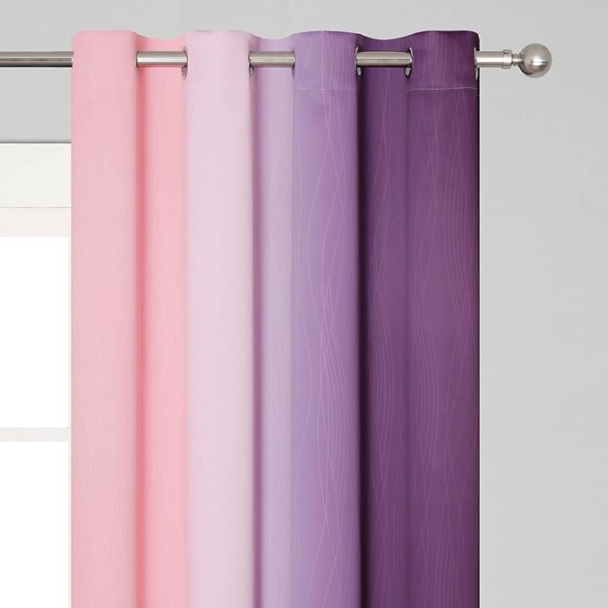 Pink and Purple Curtains 45 Inch Length 2 panels, Full Light Blocking Ombre Blackout Curtains for Kids Room, Thermal Insulated Noise Reducing Gradient Blackout Curtains for Girls Bedroom, 52x45 Inch