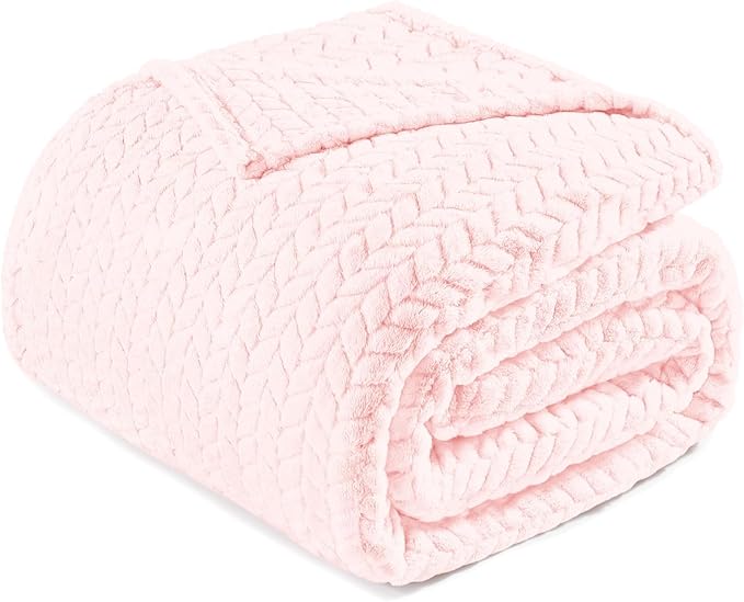 Exclusivo Mezcla Fleece Queen Size Blanket for Bed, 90x90 Inches Soft Cozy Jacquard Flannel Blankets, Lightweight Fuzzy Plush Warm for Women, Light Pink