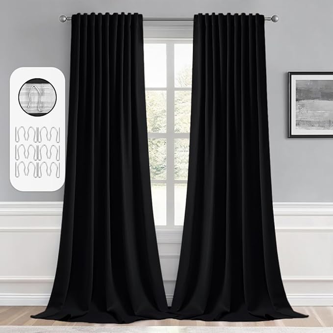 MIULEE Back Tab Blackout Curtains 105 Inch Long 2 Panels Set for Living Room Bedroom, Halloween Black Rod Pocket/Pinch Pleated Thermal Insulated Room Darkening Light Blocking Floor to Ceiling Drapes