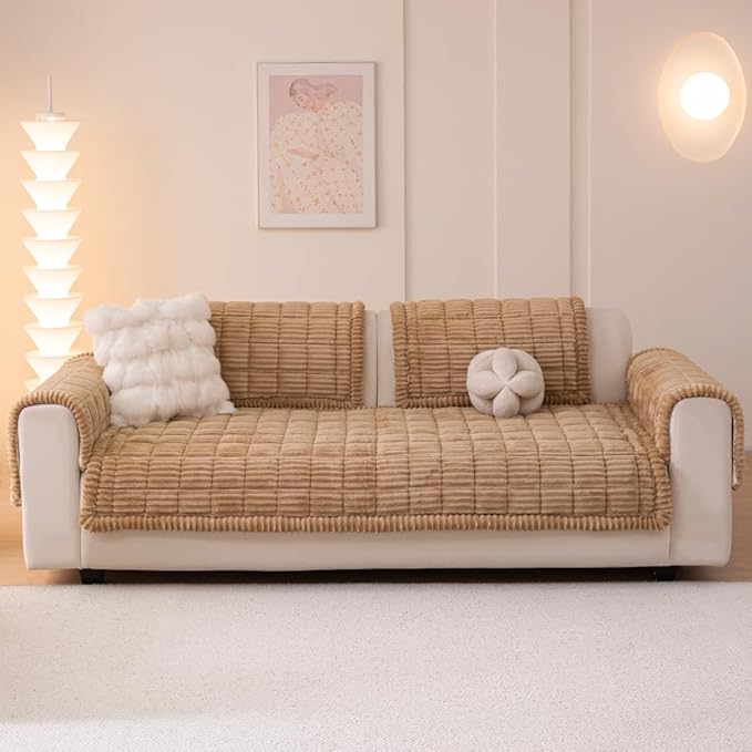 Couch Cover for Dogs Washable, Fuzzy Pet Couch Covers for 3 Cushion Sofa Pet Friendly, Non Slip Sofa Cover (Light Brown, 35" x 70.9"/90 x 180cm)