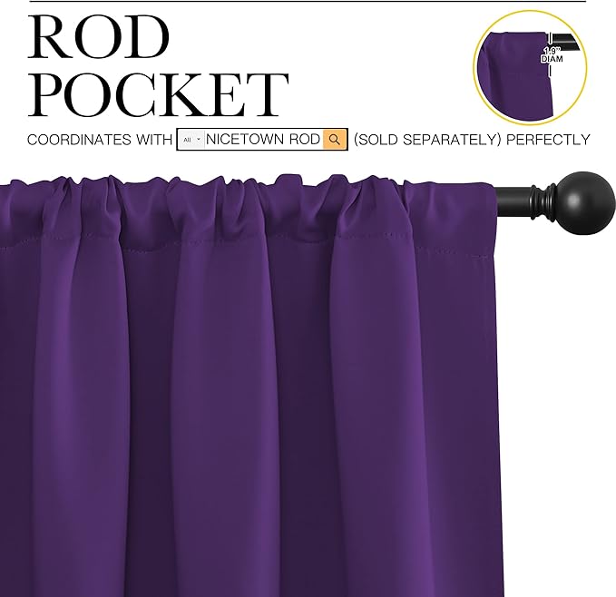 NICETOWN Living Room Curtains for Window - Energy Efficient & Noise Reducing Thermal Insulated Rod Pocket Blackout Drapes/Draperies for Living Room (Royal Purple, 2 Panels, W62 inches x L63 inches)