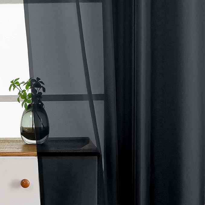 Black Sheer Curtains Tier 30 Inches Length 2 Panels Set, Light Filtering Lightweight Soft Window Treatments Drapes, Cute Elegant Cafe Curtains for Nursery, Dual Rod Pocket, 2x42Wx30L Inches