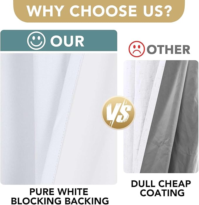 H.VERSAILTEX Primitive Linen Curtains 100% Blackout Curtain Drapes Burlap Curtains with White Thermal Insulated Liner, Grommet Top Drapes Living Room/Bedroom (2 Panels, 42 x 63 Inch, Bright White)
