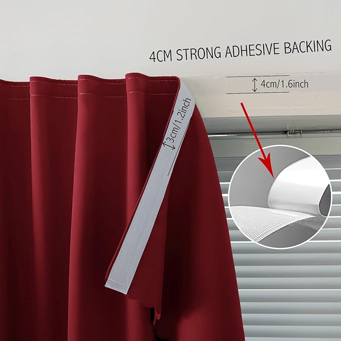 Self Adhesive Curtains, Stick Curtain Blackout Shades Window Cover Curtains for Living Room No Drilling, 35" W X 71" L, Burgundy, 1 Panel