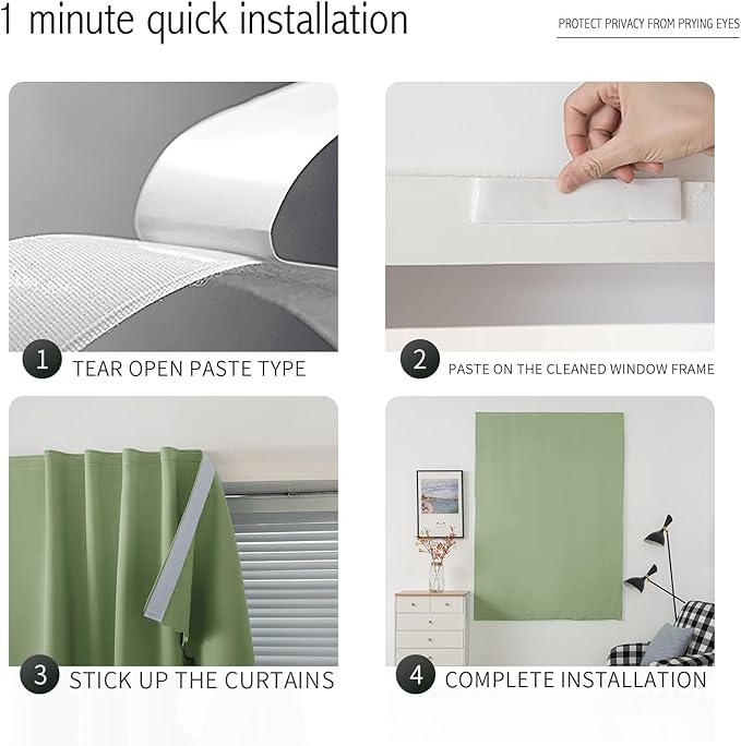 Magic Tape Blackout Curtains for Bedroom No Drillng Self Adhesive Curtains No Rod Small Window, 47" W X 71" L, Sage Green, 1 Panel