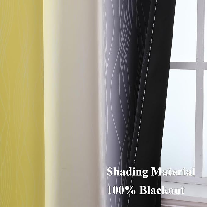 Estelar Textiler Black and Yellow Blackout Curtains for Living Room, Full Room Darkening Ombre Curtains for Bedroom, Thermal Insulated Light Blocking Gradient Grommet Drapes, 42Wx63L, 2 Panels