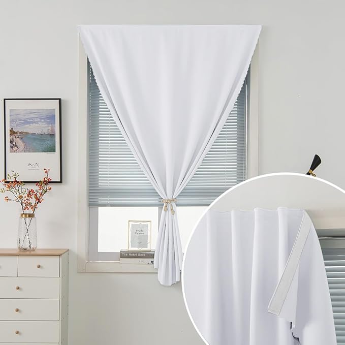 self Adhesive Curtains Portable Blackout Curtain Simple and Easy to Install Bedroom Window Thermal Lnsulated Kitchen Room Darkening Black Small Drapes, 47" W X 79" L, White, 1 Panel
