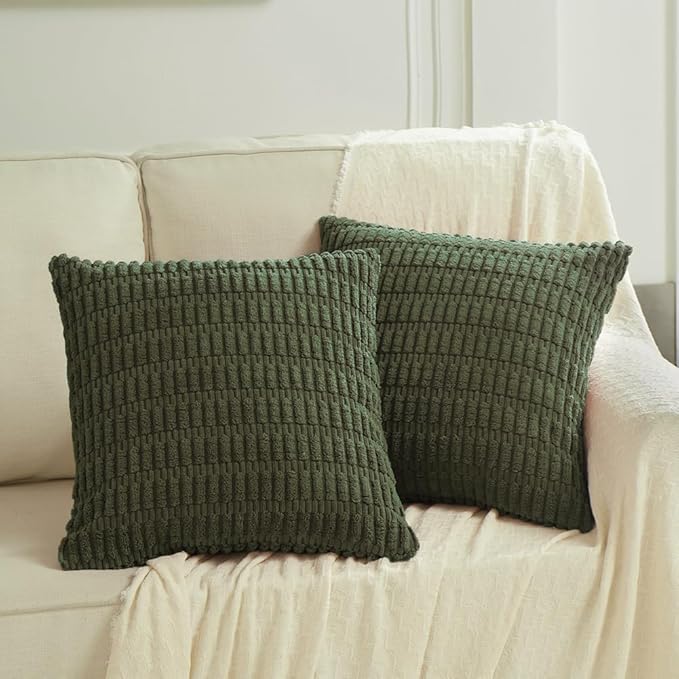 Fancy Homi 4 Packs Boho Olive Green Decorative Throw Pillow Covers 26x26 Inch for Couch Bed Sofa, Rustic Modern Farmhouse Home Decor, Soft Plush Corduroy Cute Square Cushion Case 66x66 cm
